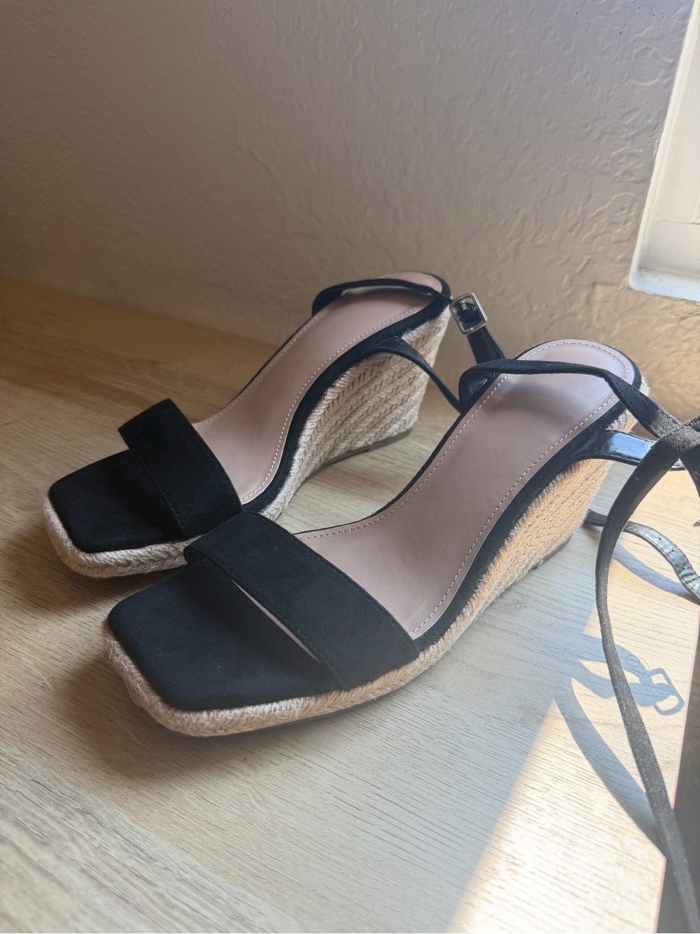 Black Espadrille Wedge Sandals with Ankle Tie